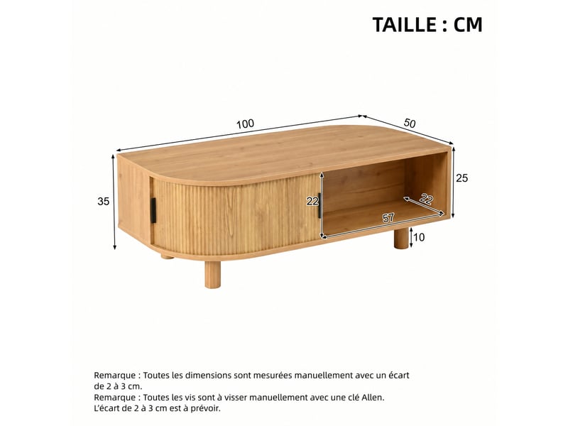  Table basse en bois clair avec portes coulissantes, 100x50x35 cm, table de salon scandinave avec rangement  - Conforama C