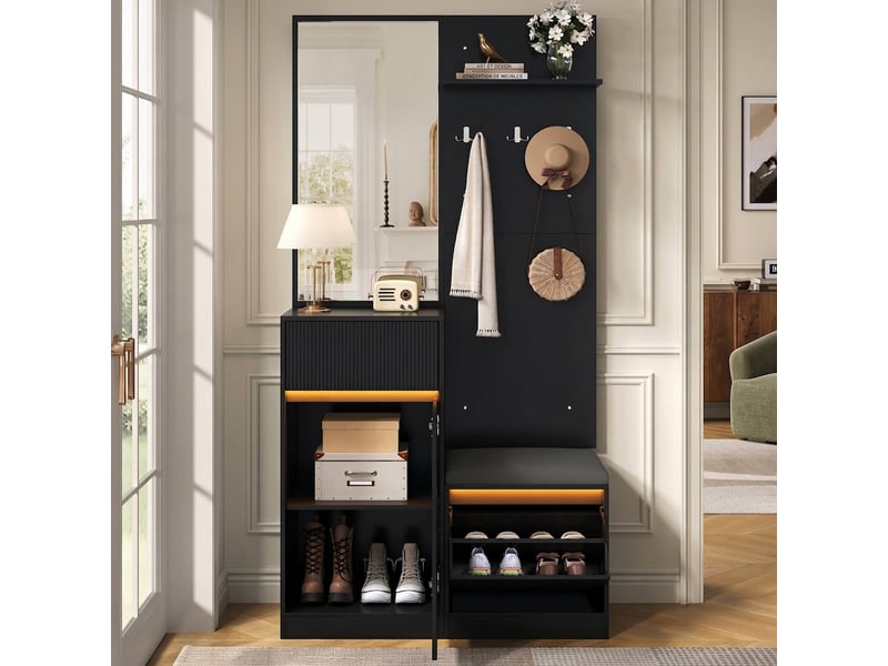  Ensemble meuble d'entrée noir avec banc à chaussures et miroir, vestiaire d'entrée moderne led 105 cm  - Conforama C
