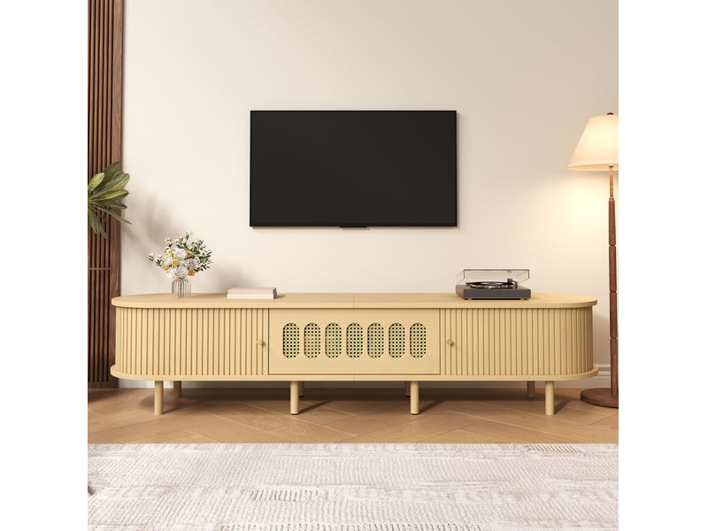  Meuble tv 180x40x40 cm avec porte abattante, mdf, coloris bois clair  - Conforama W