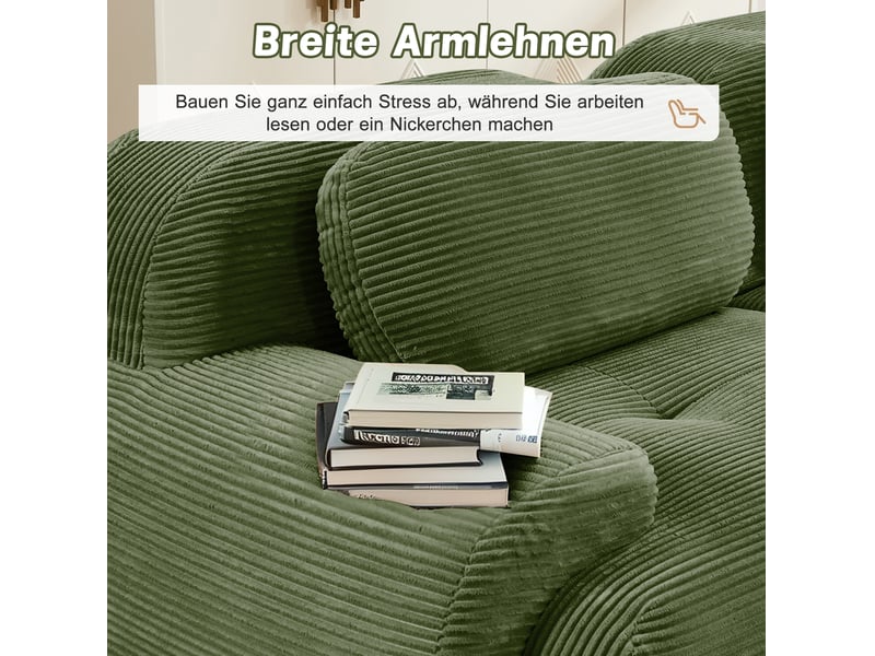  Canapé 2 places modulaire 208x103x75 cm en tissu corduroy vert avec accoudoirs arrondis  - Conforama E