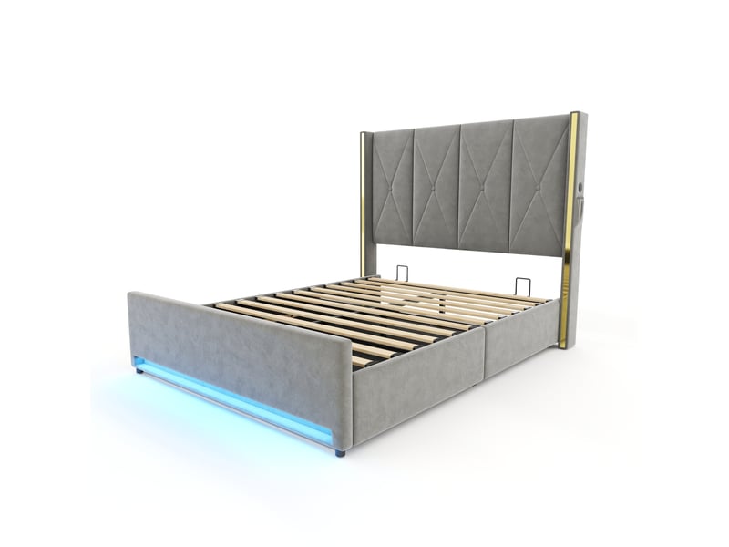  Lit coffre enfant 90x200 cm en velours gris foncé avec usb, type-c et led  - Conforama E