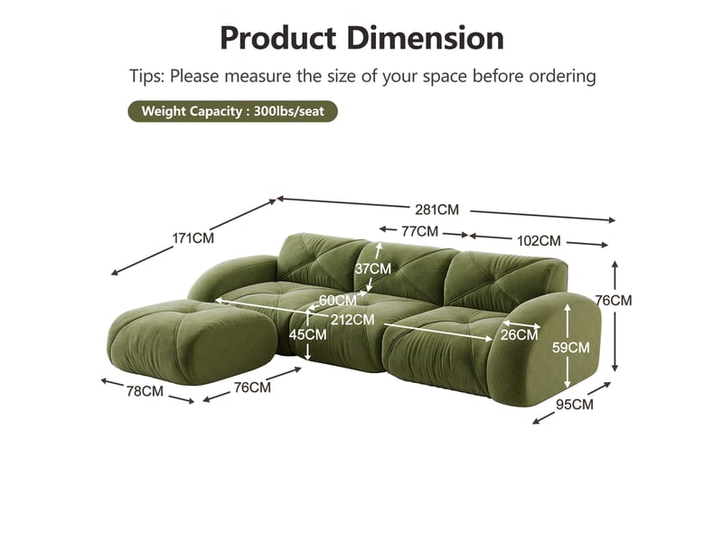  Canapé d'angle modulable en l 3 places vert - antidérapant - sans montage - repose-pieds inclus  - Conforama C
