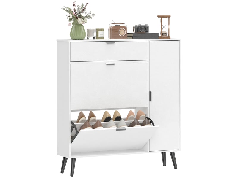  Meuble à chaussures étroit avec 2 compartiments rabattables, portes en cuir litchi et étagères réglables, blanc  - Conforama A