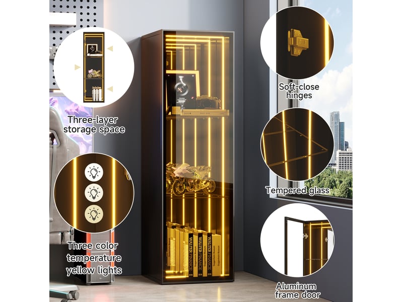  Vitrine 30 x 30 x 90 cm – noir – led, verre trempé et portes à fermeture amortie  - Conforama E