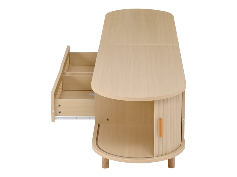 Meuble tv ovale effet bois 170x40x40 cm avec 2 tiroirs rotin et 2 portes coulissantes pour tv jusqu'à 70 pouces  - Conforama D