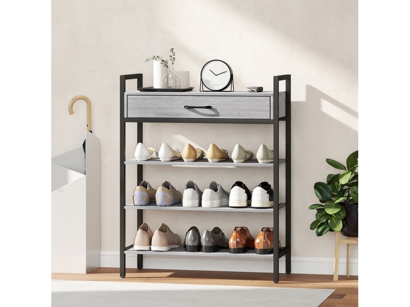  Meuble à chaussures 4 niveaux, rangement couloir pour 9 paires de chaussures, panneau particule, métal, gris  - Conforama D