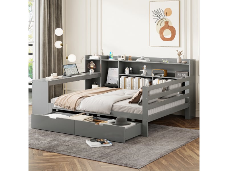  Lit enfant 140x200 cm, bureau intégré et 2 tiroirs, en bois, gris, sans matelas  - Conforama C