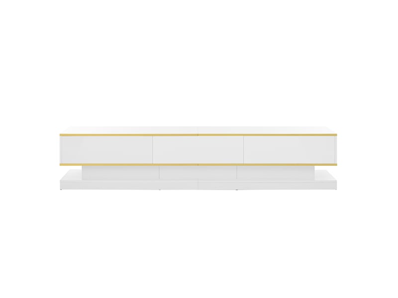  Meuble tv blanc brillant 200x40x40 cm - 3 tiroirs dorés, grand rangement, design moderne  - Conforama A