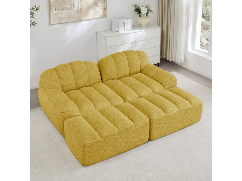 Canapé modulaire 2 places jaune en tissu bouclette avec 2 ottomans, mousse 32d et modules antidérapants pour salon - Conforama B