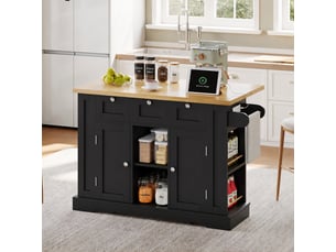 Îlot de cuisine mobile avec plan de travail rabattable, rangements et prise usb, naturel et noir