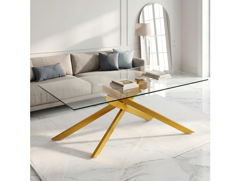  Table basse rectangulaire avec plateau en verre trempé et piètement croisé en métal doré pour salon 120 × 60 × 46 cm  - Conforama D