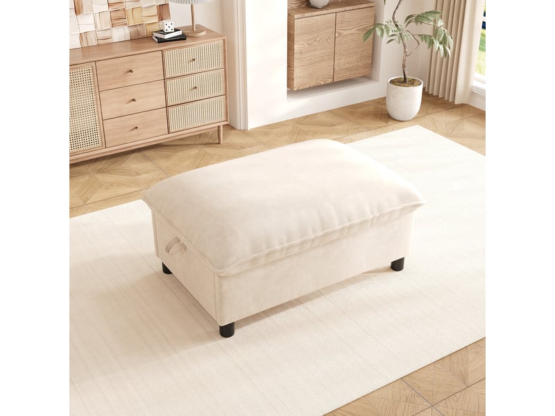  Pouf coffre en chenille beige, repose-pieds rembourré, banquette rangement 98x65x48 cm  - Conforama B