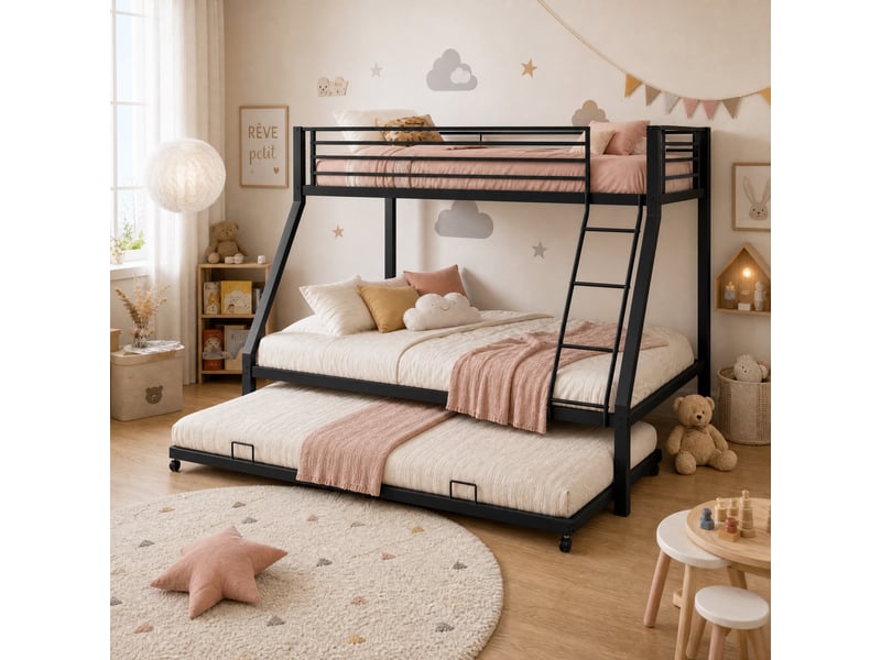  Lit superposé 4 places 90×200 cm, 140×200 cm et 90×190 cm - okmyhome- lit gigogne, sans matelas, métal noir  - Conforama C