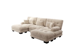 Canapé d’angle modulable 3 places en tissu beige clair, avec ottomans mobiles, confort profond pour salon familial