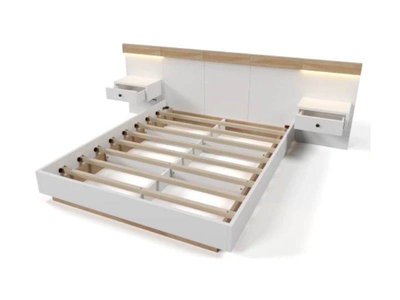  Lit double 160×200, 2 chevets led + usb-c, bois, chêneblanc, sans matelas  - Conforama E