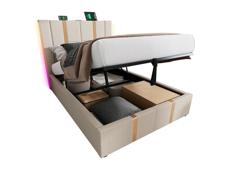 Lit coffre adulte 90x200 cm – beige – led rgb, usb et usb-c, contrôle par application, avec matelas - Conforama A