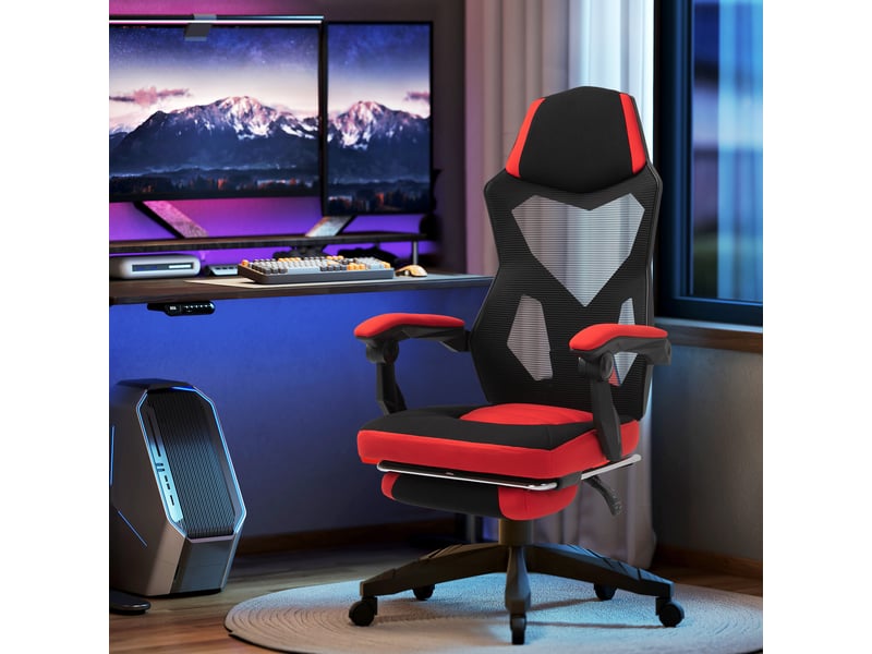  Chaise de bureau ergonomique inclinable avec repose-pieds en tissu à maille 58x63x112-122 cm noire et rouge  - Conforama B