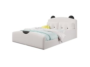 Lit double 140 × 200 cm plateforme avec tête de lit rembourrée ours et 2 coussins, blanc, pour chambre enfant