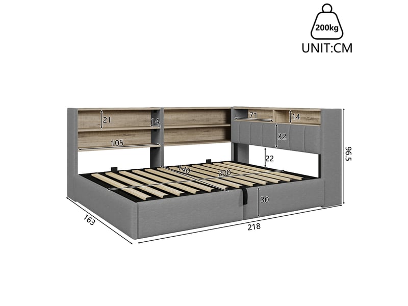  Canapé-lit 140 x 200 cm, suspension hydraulique, prise électrique, rangement latéral réversible (gauche ou droite), port usb, éclairage led, sans matelas, velours gris  - Conforama C