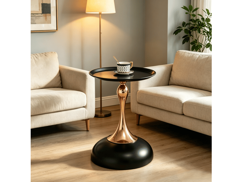  Table d’appoint ronde avec plateau et base en métal, format compact pour salon, chambre ou bureau, noir et doré  - Conforama B