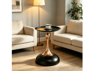 Table d’appoint ronde avec plateau et base en métal, format compact pour salon, chambre ou bureau, noir et doré