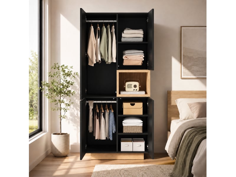  Armoire 90x45x200 cm à 2 portes, 2 tringles coloris noir  - Conforama E