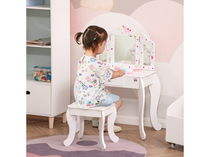  Coiffeuse enfant avec tabouret, miroir triptyque et dim. 63l x 40l x 85,5h cm tiroir coulissant - coiffeuse  - Conforama D