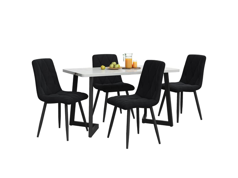  Ensemble table à manger 117x68x75 cm, 4 chaises velours noir, meuble salon, plateau mdf effet marbre, pieds métal noir  - Conforama A