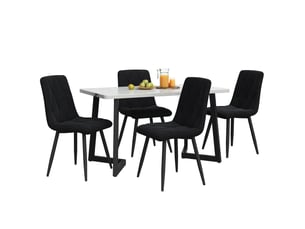 Ensemble table à manger 117x68x75 cm, 4 chaises velours noir, meuble salon, plateau mdf effet marbre, pieds métal noir
