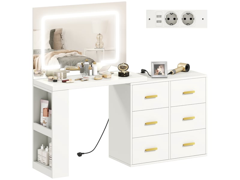  Coiffeuse de chambre avec miroir, éclairage led réglable, 6 tiroirs, 2 étagères et prises électriques, blanche  - Conforama B