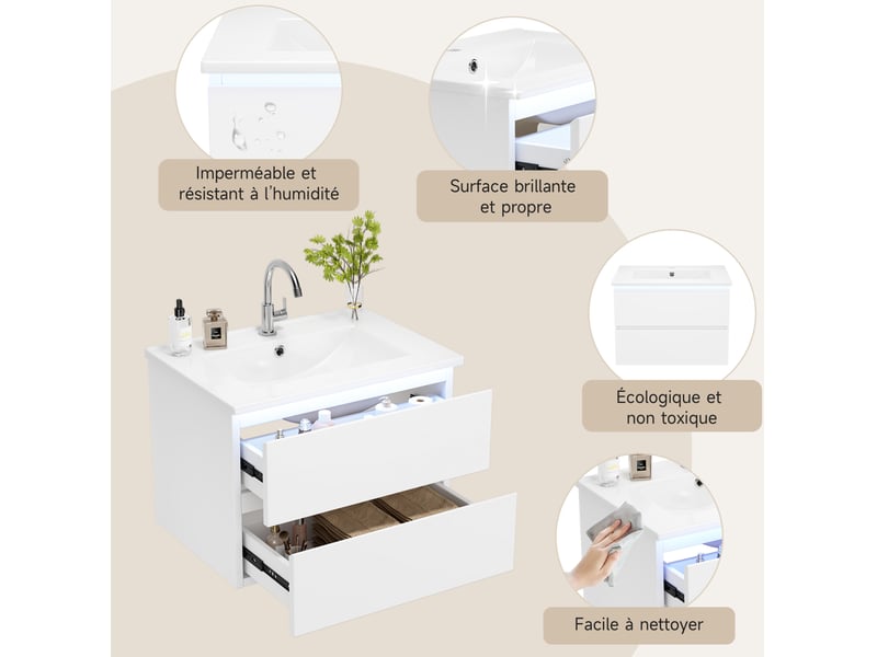  Meuble vasque suspendu 61x46x45 cm avec éclairage led, armoire de rangement avec 2 tiroirs, style moderne, mdf, blanc  - Conforama E