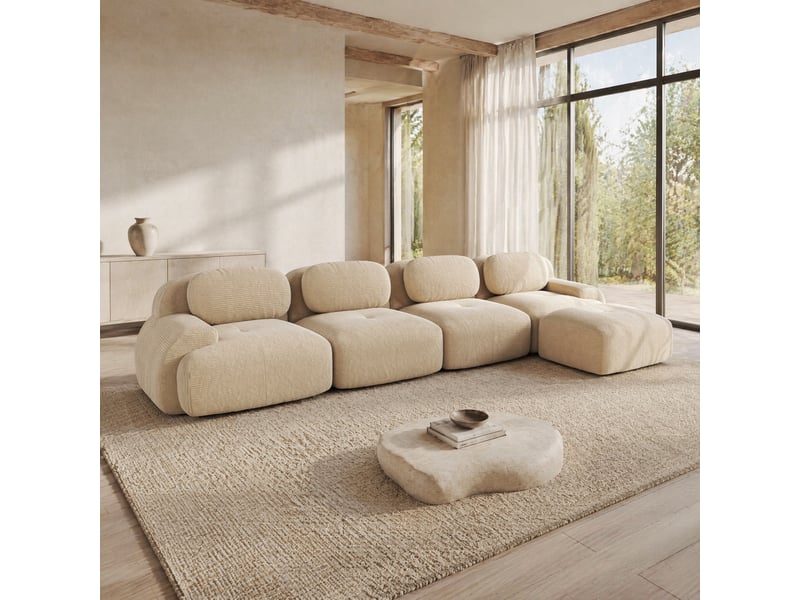  Canapé d’angle modulable 4 places avec méridienne en velours côtelé beige  - Conforama B