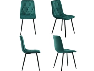 Lot de 4 chaises 46x45x86 cm, motif chevron, revêtement velours vert foncé, structure bois massif, base métallique noire, pour salle à manger