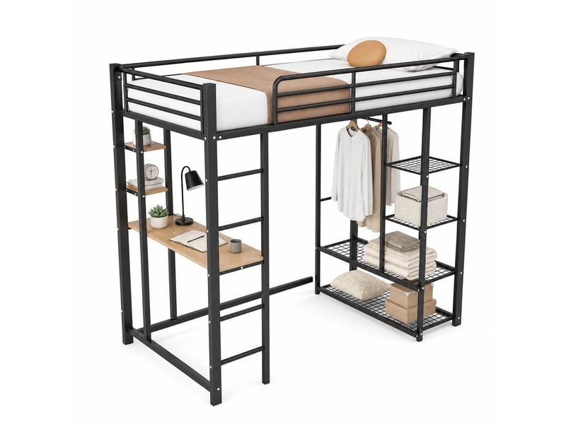  Lit mezzanine 90x200 cm avec bureau, rangement et penderie simple noir  - Conforama A