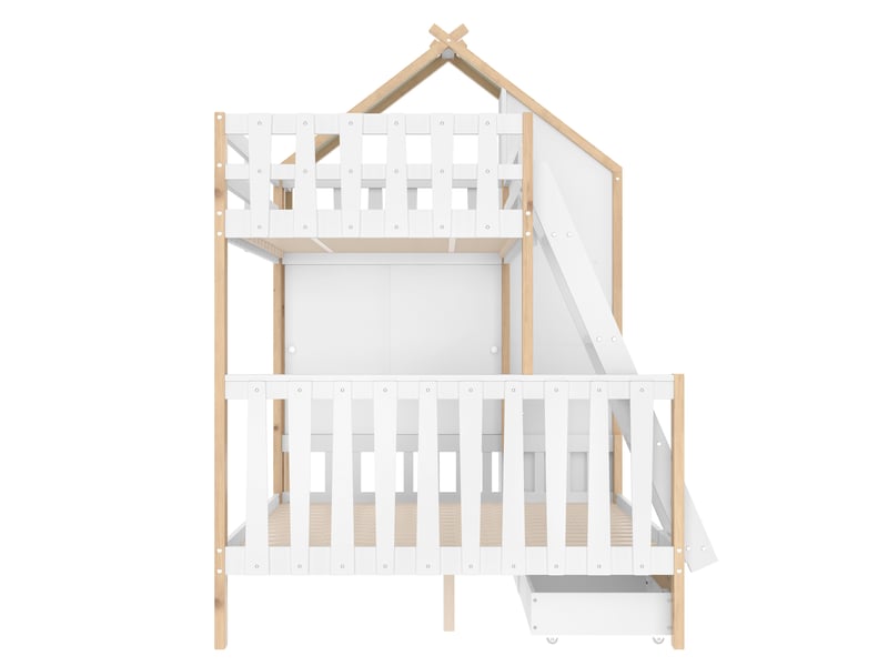  Lit superposé blanc et bois 90x200 + 140x200 cm, échelle, barrières et tiroirs de rangement  - Conforama E