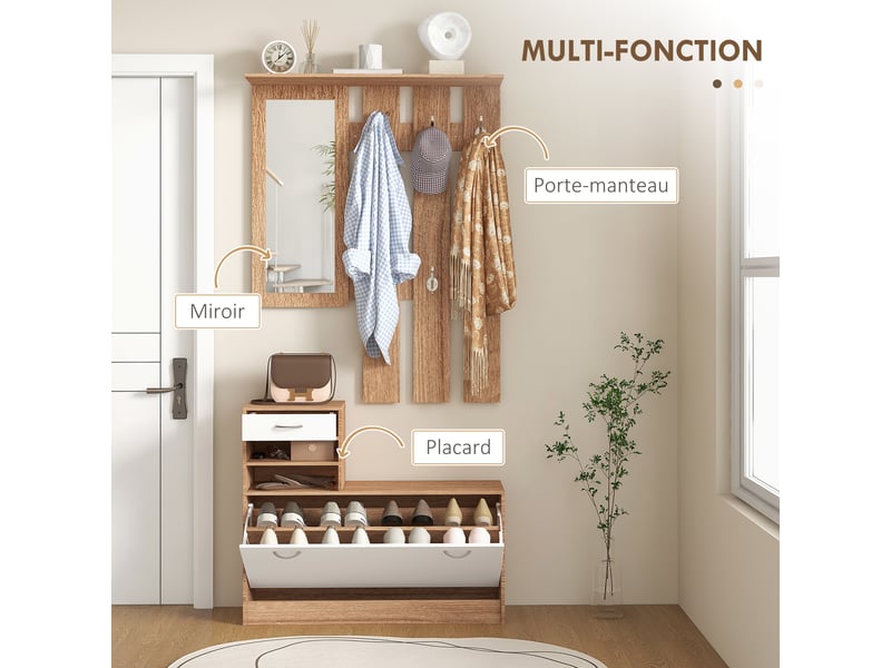  Meuble d'entrée vestiaire avec panneau porte-manteau, miroir et banc à chaussures - 6 crochets et réglable étagère  - Conforama A