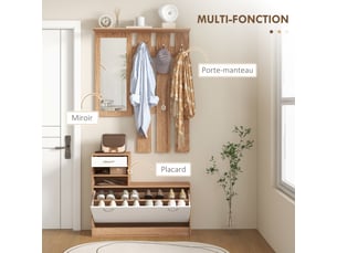 Meuble d'entrée vestiaire avec panneau porte-manteau, miroir et banc à chaussures - 6 crochets et réglable étagère