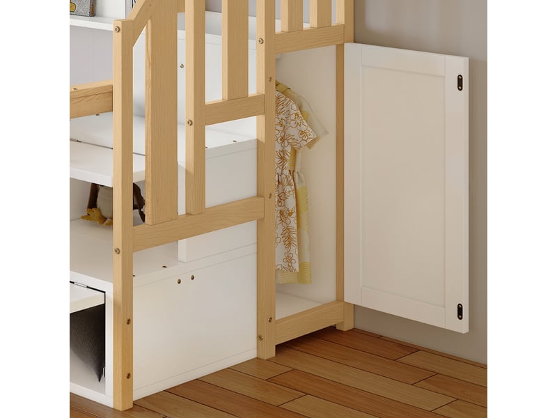 Lit superposé enfant 200×90 cm et 200×120 cm avec lit gigogne 190×90 cm, escalier de rangement et armoire, sans matelas  - Conforama E