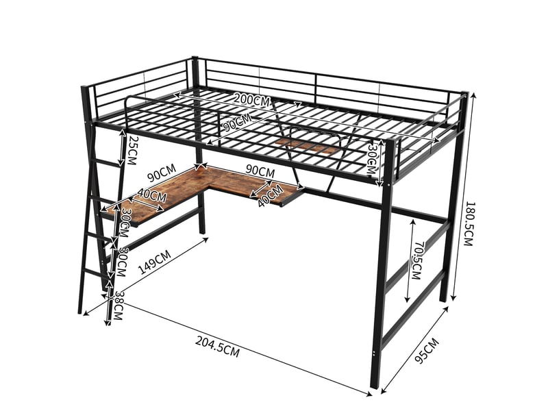  Lit mezzanine 90x200 cm avec bureau en l et rangement, métal noir, pour enfants et adultes, sans matelas  - Conforama C