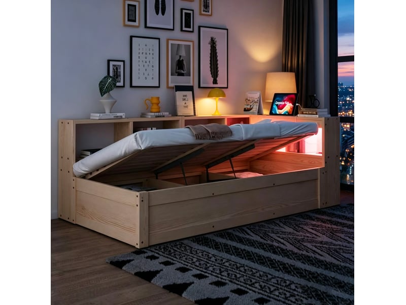  Modenvie lit coffre 90x200 cm - avec led, prise intégrée et rangements - pour petit espace - naturel  - Conforama E