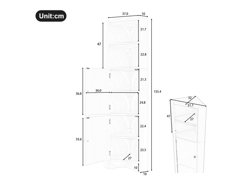  Meuble d'angle salle de bain 51,7x32x155,4 cm, rangement ajustable, armoire de rangement, design moderne, mdf blanc  - Conforama C