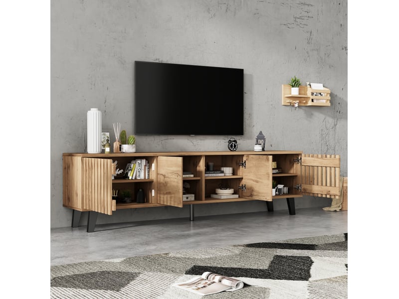  Meuble tv bas 180x40x55 cm, panneau de particules couleur bois naturel, support jusqu'à 70 pouces, 8 compartiments, capacité 45 kg  - Conforama D