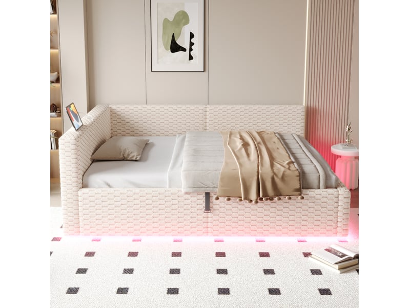  Lit coffre 140 x 200 cm beige en velours avec led, 2 usb et port type-c  - Conforama C