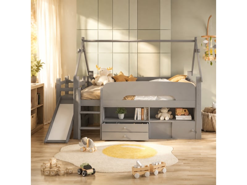 Lit surélevé enfant 90x200 cm avec toit, toboggan, rangements et barrières gris - Conforama B
