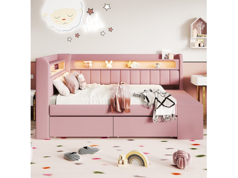  Modenvie lit de jour 90x200 cm - led, usb et 2 tiroirs avec meuble à chaussures - pour chambre - rose  - Conforama E