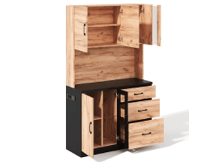 Buffet de cuisine noir et décor bois en mdf 105x40x180 cm, 3 tiroirs, 2 vitrines, led, prises usb et étagères réglables