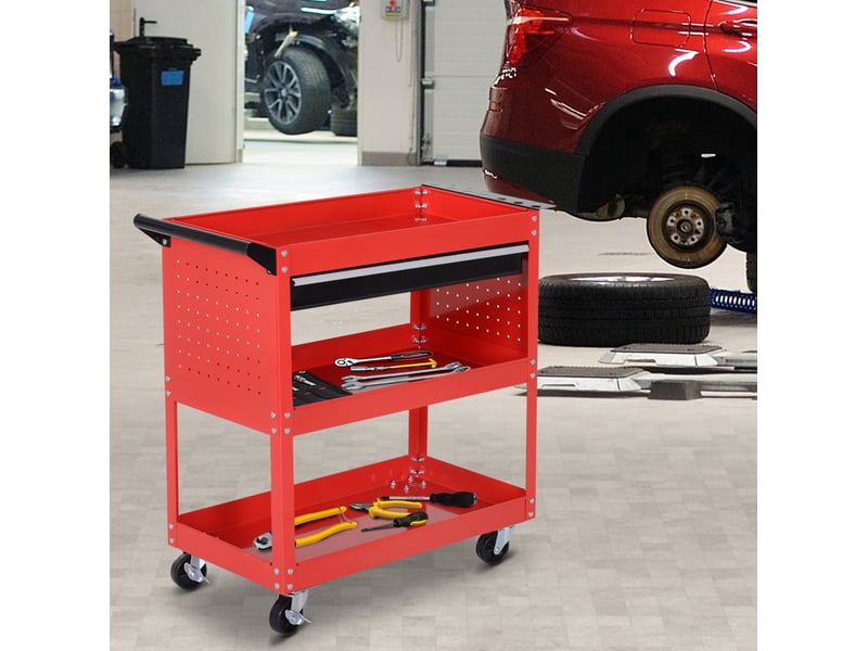  Chariot à outils en acier rouge à 3 niveaux avec tiroir, 4 roulettes et frein, charge 60 kg, pour atelier  - Conforama B