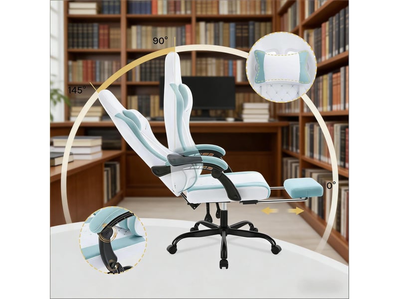 Chaise de bureau ergonomique 70 x 70 x 119,5-127 cm - gaming massage inclinable 145° avec repose-pieds retractable - tissu - blanc et bleu - Conforama E