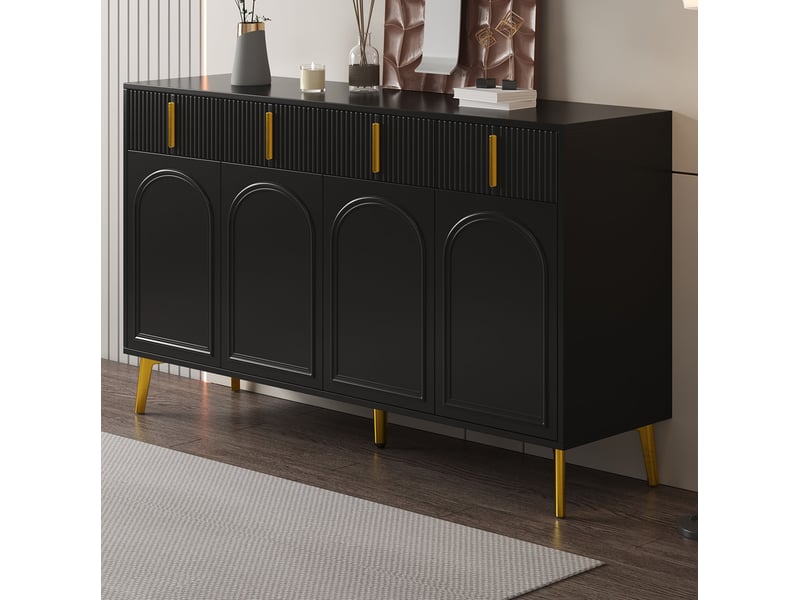  Buffet noir 140 x 38 x 82 cm, 4 portes, 4 tiroirs et poignées dorées  - Conforama D