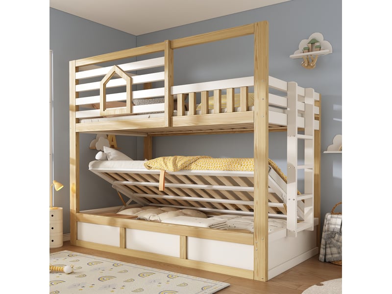  Lit superposé 90x200 cm rangement hydraulique en bois blanc et coloris naturel  - Conforama B